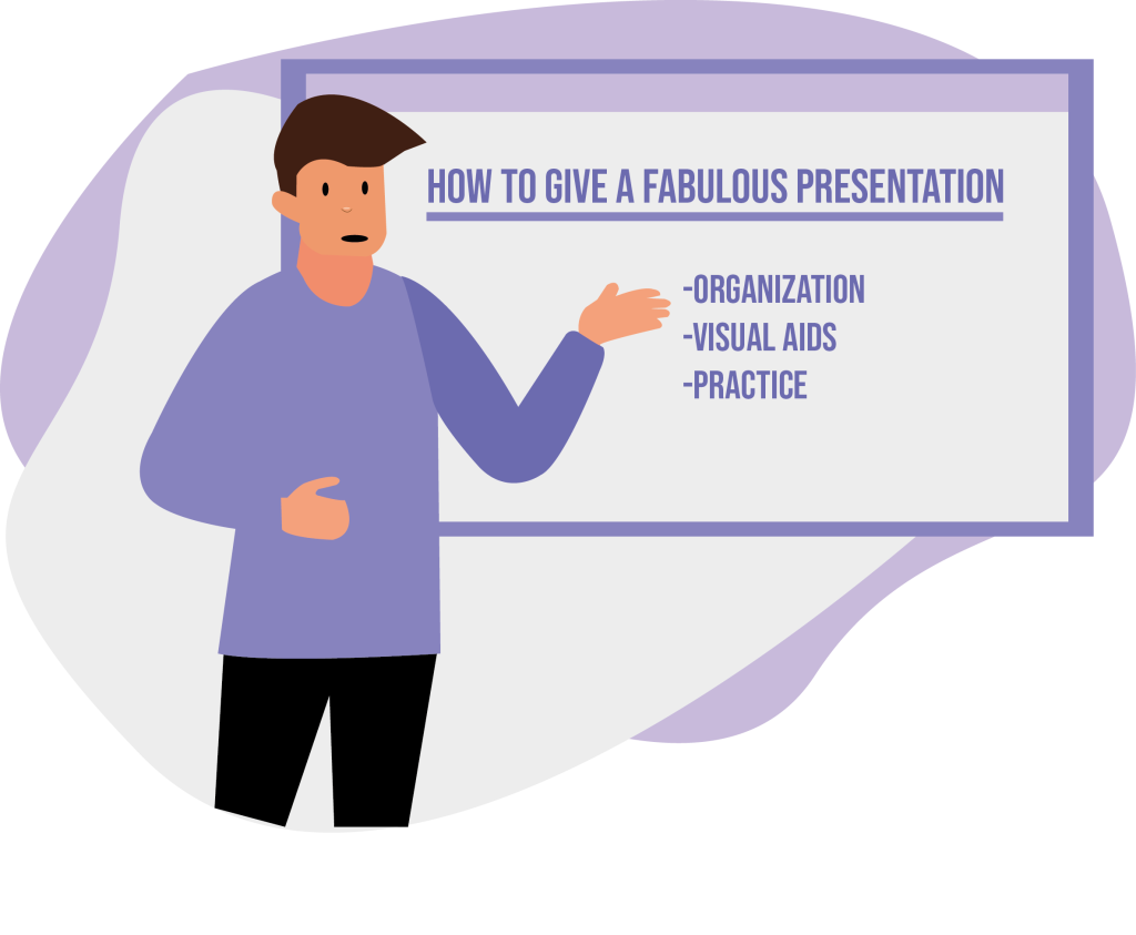 Character giving a presentation for the Speaking section