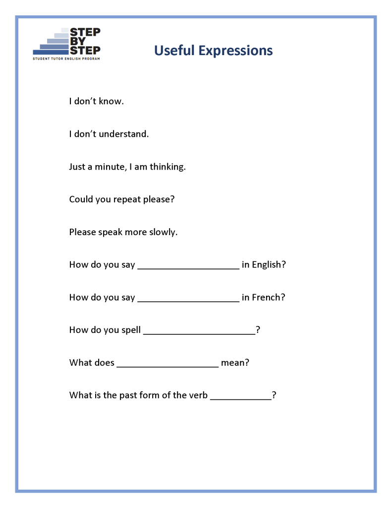 Useful expressions sheet for the tutee